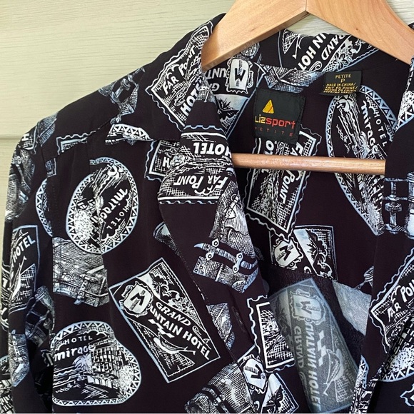 LIZ SPORT rayon button down Vintage Graphic Black & White Shirt travel sz S EUC - Picture 1 of 15